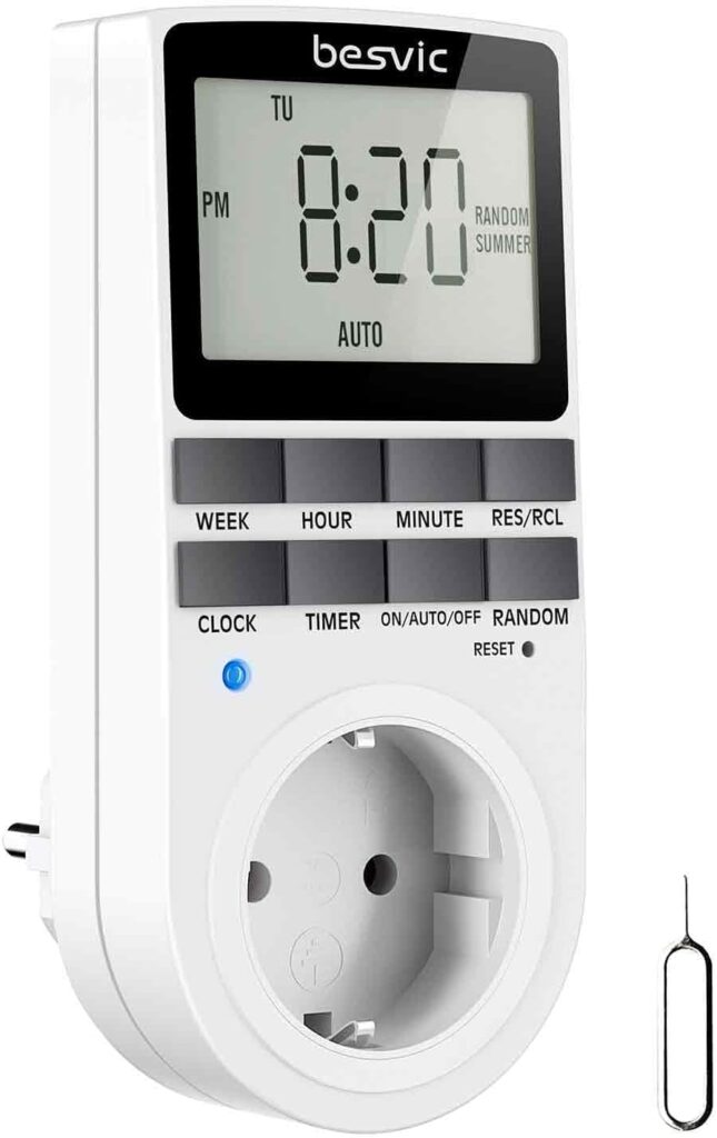Temporizador Enchufe Digital, Besvic Programador Enchufe 3680W con Pantalla LCD Grande, 10 Programas Diarios y Modo Antirrobo, Enchufe Programable Ahorro Tiempo y Energía (1 Pack)
