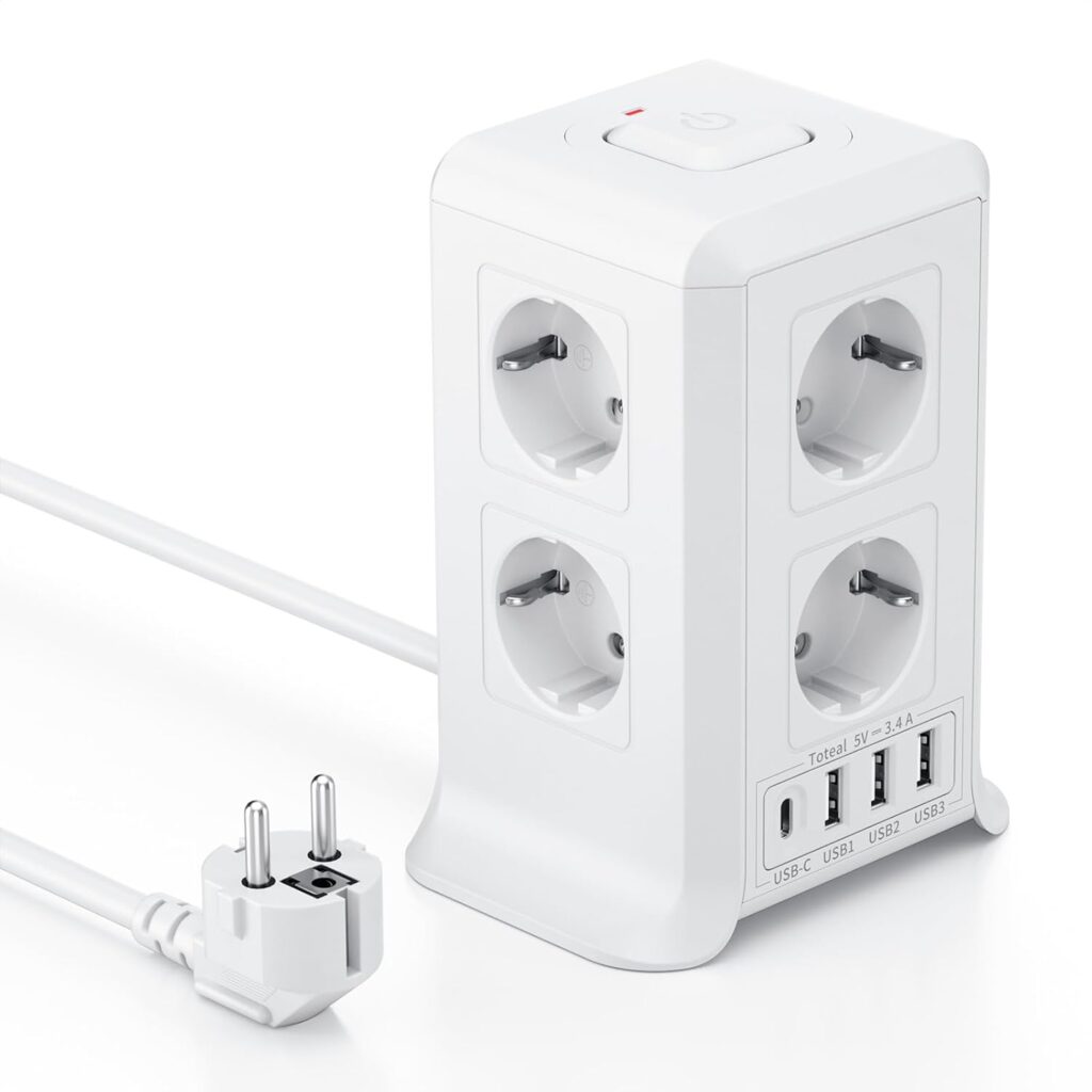 Torre Regletas Enchufes, Regleta Enchufes Proteccion Sobretension con Interruptor, con 8 Tomas de AC y 4 USB Regleta Vertical, 2M Enchufe Multiple es