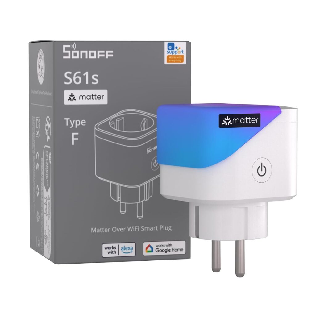 SONOFF S61s Tomada Inteligente WiFi 16A/3840W – Control Remoto & Voz, Medidor de Consumo Eléctrico, Temporizador, Compatible Matter con Alexa, Google y.