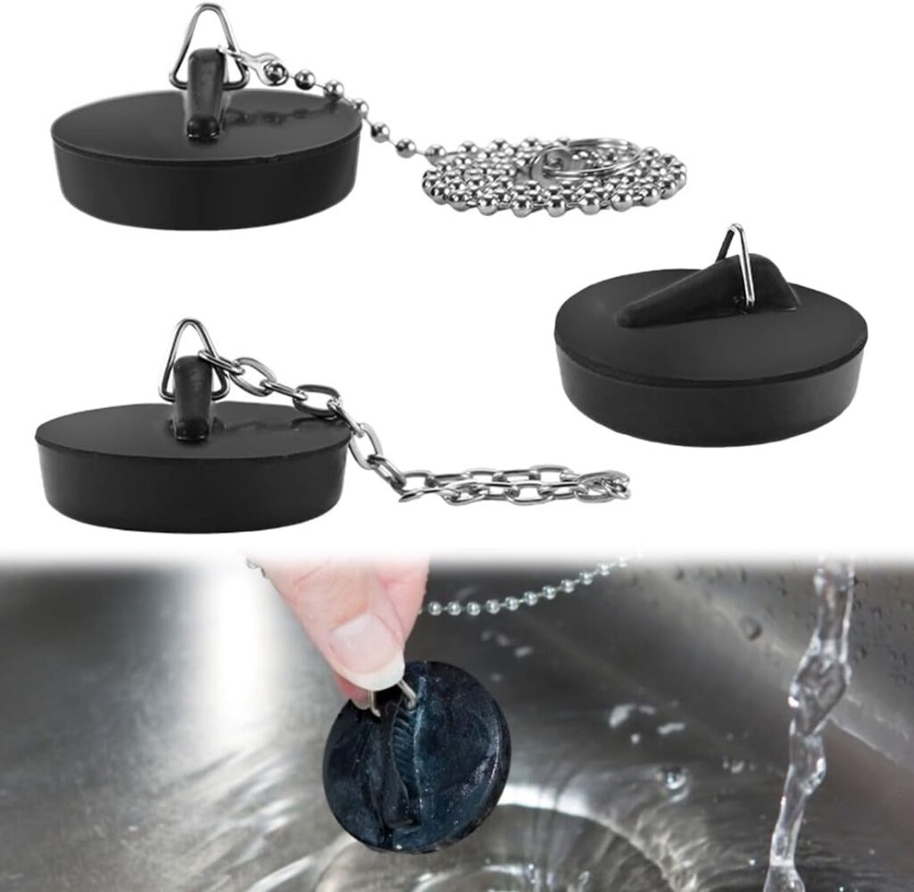 QOWIJEX 3 Piezas Tampões de Drenage de Cadena, Tapon Bañera de Goma, Tapones Universales para Fregadero de Cocina, Tapón de Fregadero para Bañera, Baño, Negro