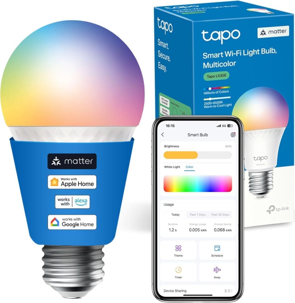 
Tapo L535E - Bombillas inteligentes, 1055 lúmenes de alto brillo (equivalente a 75 W), Multicolor, 2500-6500k regulable, Compatible con Matter, Alexa y Google
