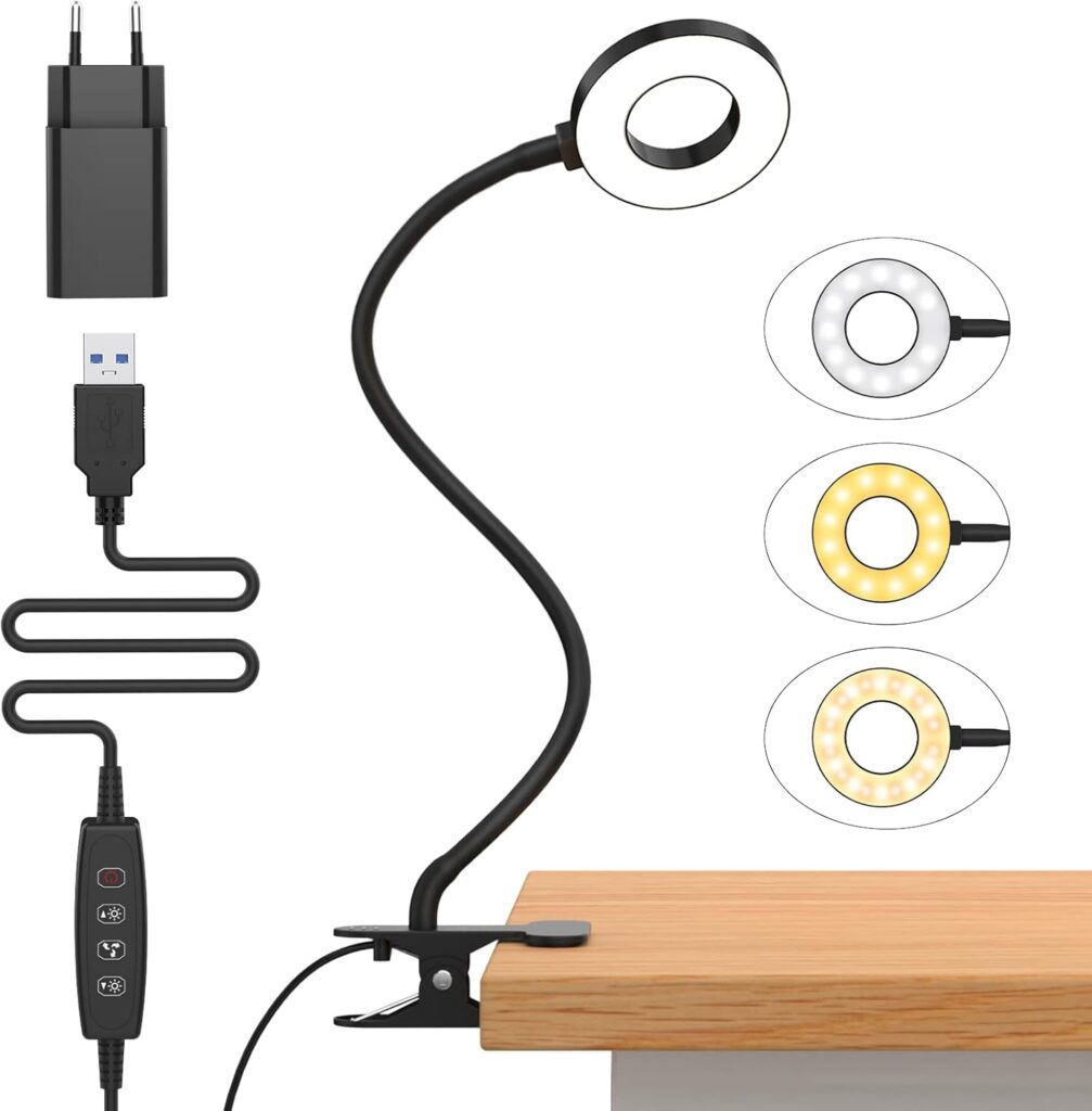 iZELL 23 LED Luz Lectura con Clip [3 Colores y 10 Brillos] Flexo LED Escritorio con Pinza 99.99% Bloqueo de Luz Azul Lámparas de Escritorio, Lámpara Mesa pare Estudio Trabajo Leer(Adaptador Incluido) [Clase de eficiencia energética F]