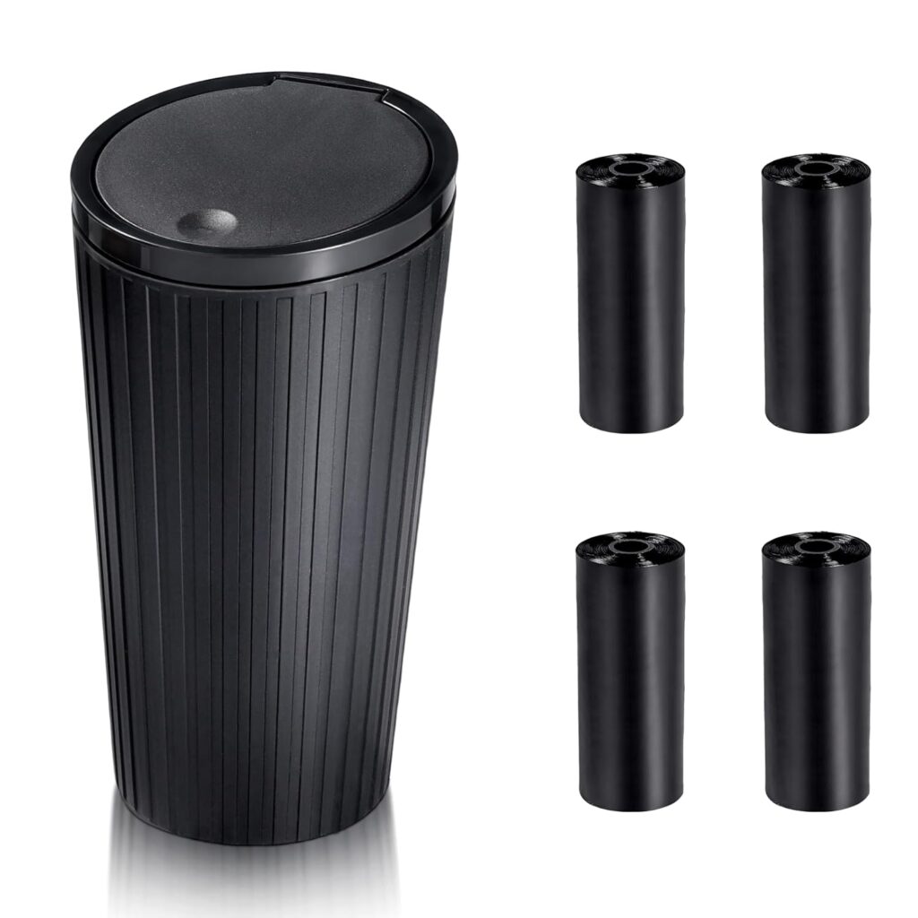 Cubo de Basura para Coche con Tapa: Mini Papelera con 4 Rollos de Bolsas - Impermeable y Neutralizador de Olores - Accesorio para Interior de Auto Ecológico...