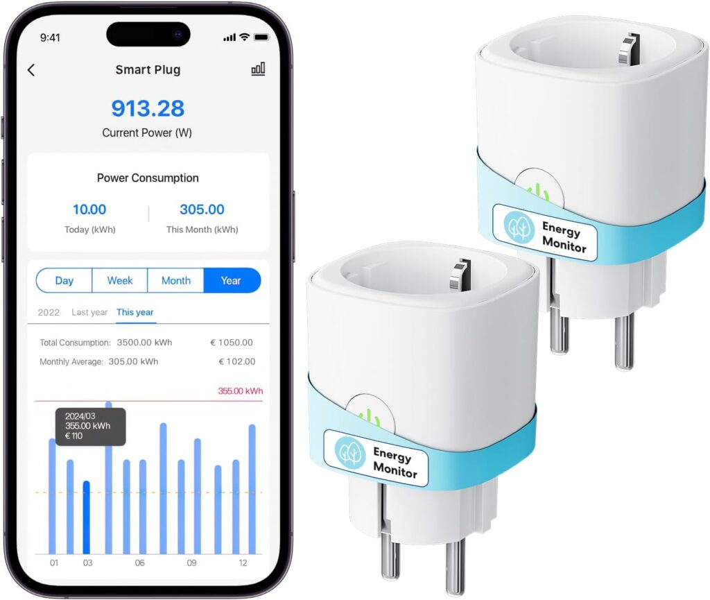 Meross Enchufe Inteligente con Monitor de Energía 16A con Mide el Consumo, WiFi Enchufe con Control Remoto y por Voz, Temporizador, Smart Plug Compatible con Alexa, Google Home y SmartThings, 2 Piezas
