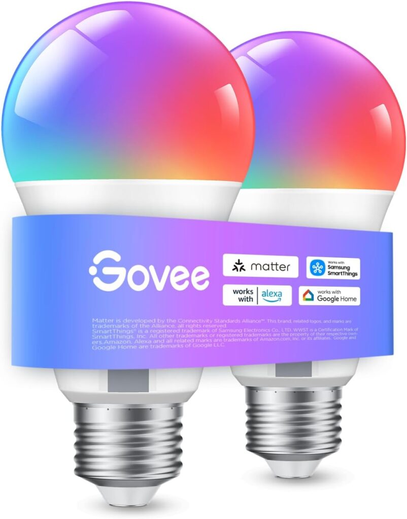 Govee Bombilla LED E27 Inteligentes WiFi y Bluetooth, Compatible con SmartThings, Matter, Alexa y Google Assistant, 800LM, 16 Millones de Colores DIY RGBWW