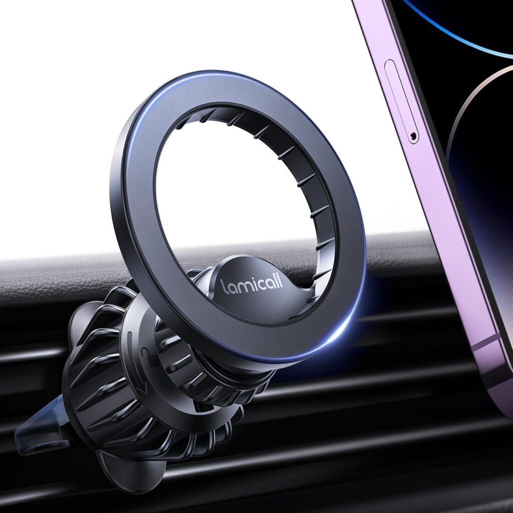 Lamicall Soporte Móvil Coche para MagSafe - [20X N52 Imanes] 360° Rotación, Gancho Metálico, Soporte Magnetico Móvil con Anillo de Metal para Rejilla del...
