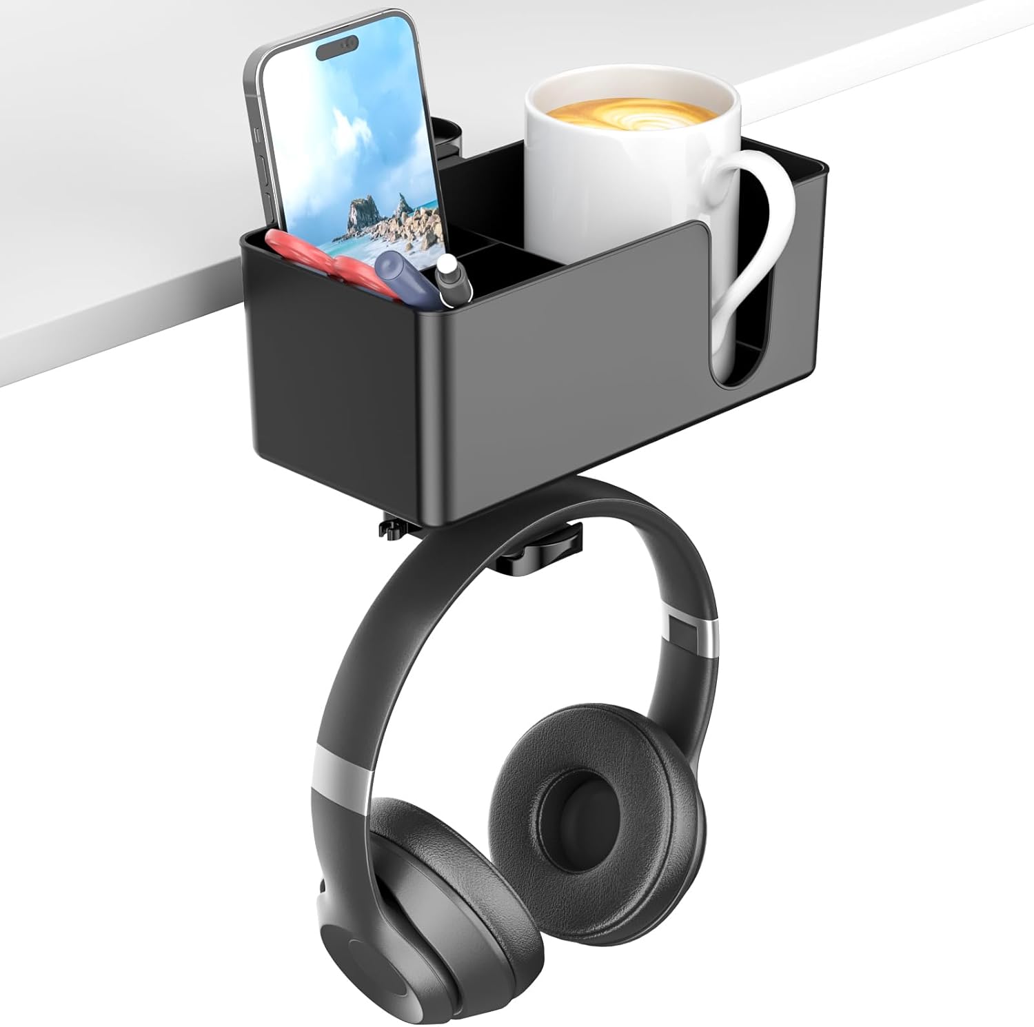 KDD Soporte Vaso Escritorio 4 en 1 con Soporte Auriculares - Gancho para Auriculares Giratorio Bajo Mesa con 2 Agujeros de Cables - Soporte Desmontable para Taza Móvil Bolígrafo (Negro)