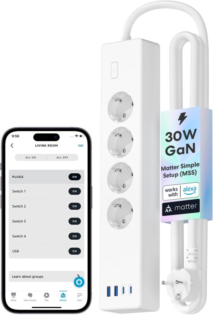 Meross Regletas Enchufes Inteligente Alargador Enchufe GaN USB C 30W, Compatible con Alexa, Matter, Apple HomeKit y Google, 4 Enchufes 2 USB-A 2 USB-C, con MSS 1.8m Cable