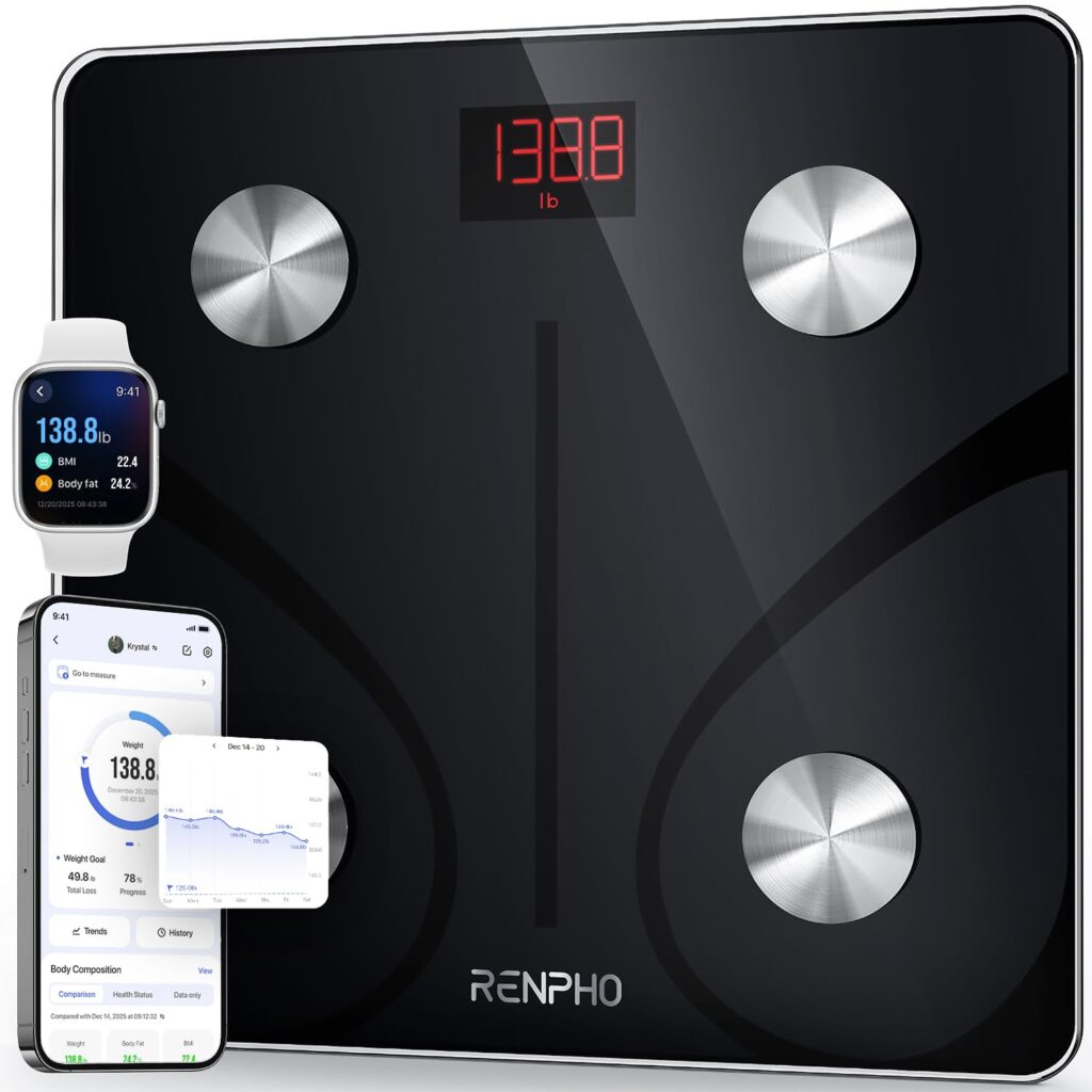 RENPHO Bascula de Baño Digital, Bascula Grasa Corporal y Muscular con App, Bascula Inteligente para Fitness, 13 Monitores de Composición Corporal Peso IMC Muscular, Elis 1