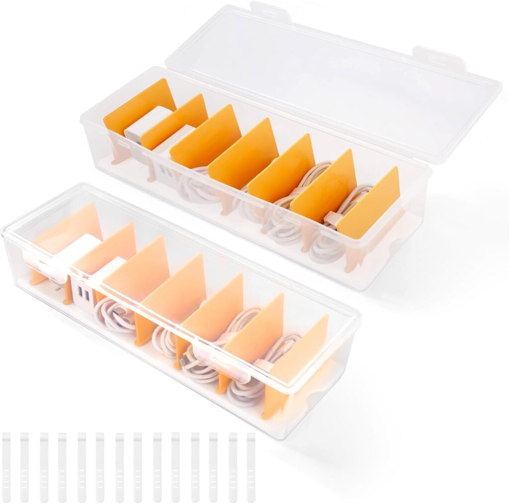 Vikcvcsc 2 Piezas Caja Cables Organizador, Recoge Cables Plástico Transparente con 7 Separadores Extraíbles y 14 Bridas, Organizador Cables Caja Ajustable