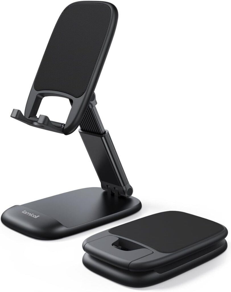 Lamicall Soporte Móvil Mesa, Soporte Teléfono Plegable - Base Móvil Escritorio Ajustable, Soporte Universal para iPhone 17/16 Pro MAX, 15/14/13/12 Pro MAX Plus Mini, Samsung, Xiaomi y Otro Smartphone