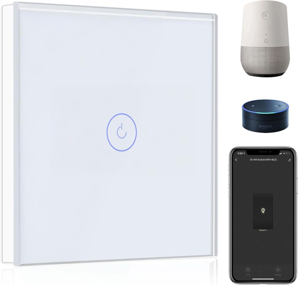 BSEED Interruptor de Pared WiFi,Interruptor Inteligente 1 Gang 1 Vía con Pantalla Táctil Blanco,Compatible con Alexa, Google Home, Control de APP y Función de Temporizador【Se necesita Neutro】