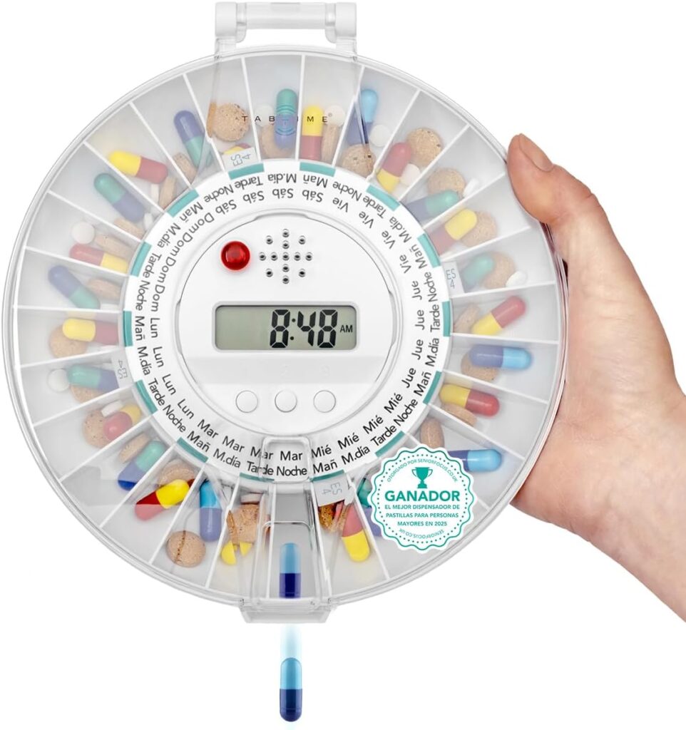 TabTime Pastillero electrónico automático con alarma, hasta 6 al día. Instrucciones en español. Tapa transparente bloqueable. Ideal para personas mayores, Alzheimer y demencia