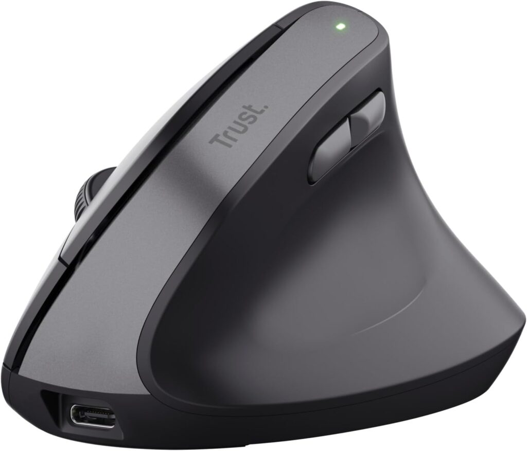 Trust Yuno Ratón Vertical Inalámbrico, Ratón Ergonómico Recargable 2.4GHz, Reducir la Tensión en Brazos y Muñecas, 800-2400 dpi, 70% Plástico Reciclado, PC Portátil Mac - Negro
