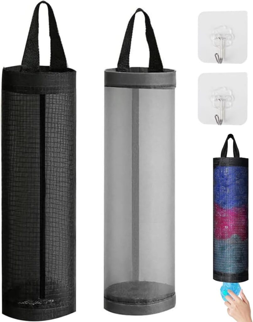 2 soportes para bolsas de plástico, Dispensadores de Almacenamiento Colgantes Plegables Organizador,estante de malla transpirable con ganchos,para colgar bolsas de basura