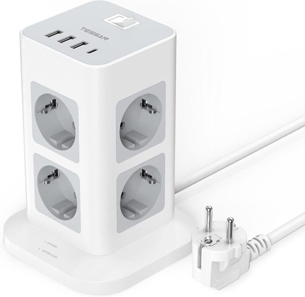 TESSAN Regletas Enchufes Proteccion Sobretension 8 Tomas con 3 USB A y 1 USB C, Torre Regleta Vertical con Interruptor, Alargador Enchufe 2 Metros, Torre...

