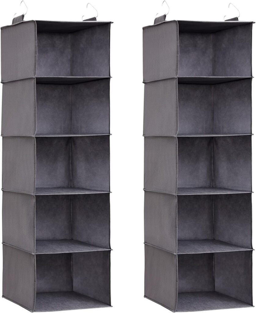 Lifewit Organizador Armario Colgante con 5 Estantes y 2 Ganchos Fuertes, Estantes de Almacenamiento para Armario, Organizador Plegable, Almacenamiento de Ropa, Gris, 2 Piezas
