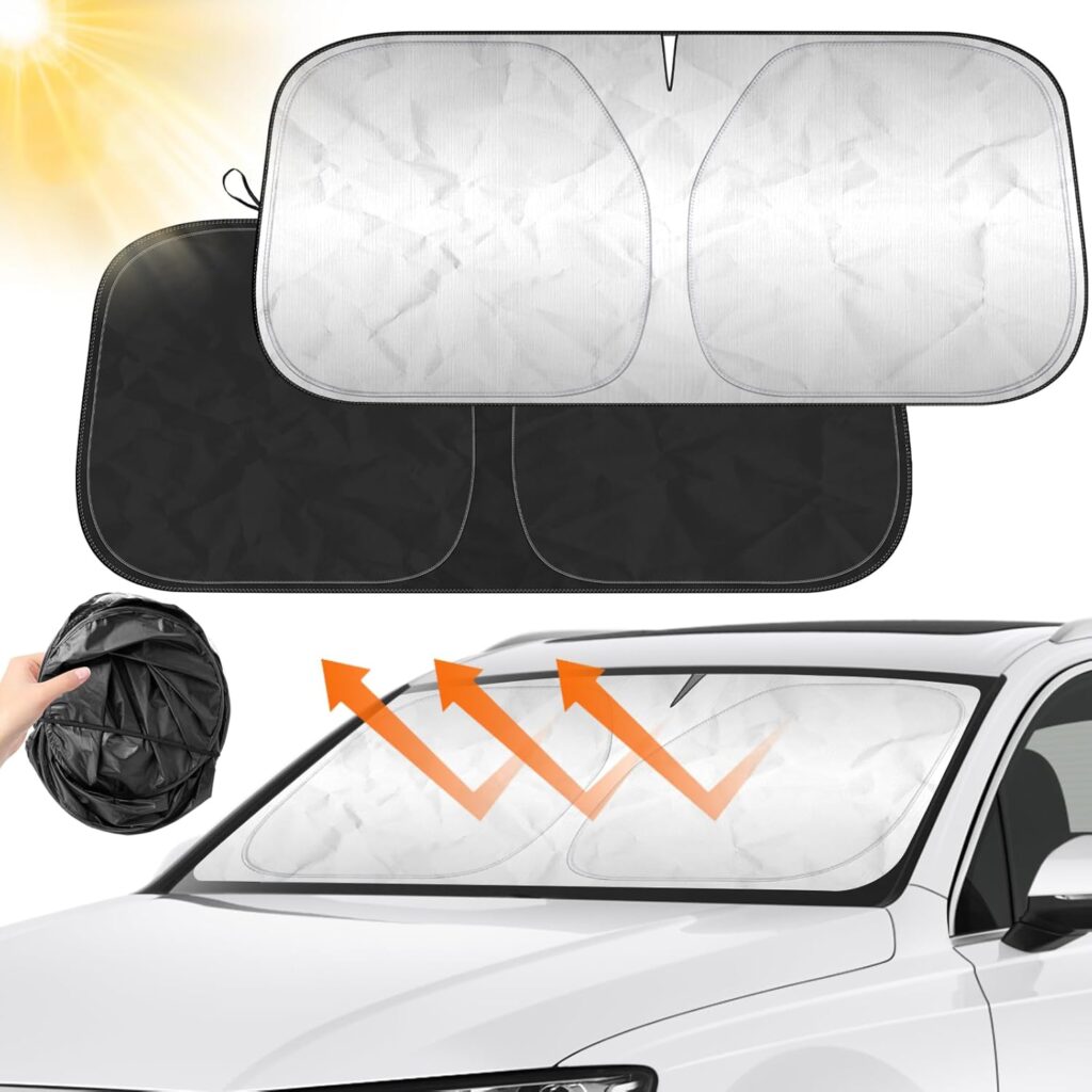 Parasol Coche Delantero 142x80cm, Parasol Delantero Coche Plegable, Protección contra los Rayos UV y el Calor, Apto a la mayoría de Coches y SUV