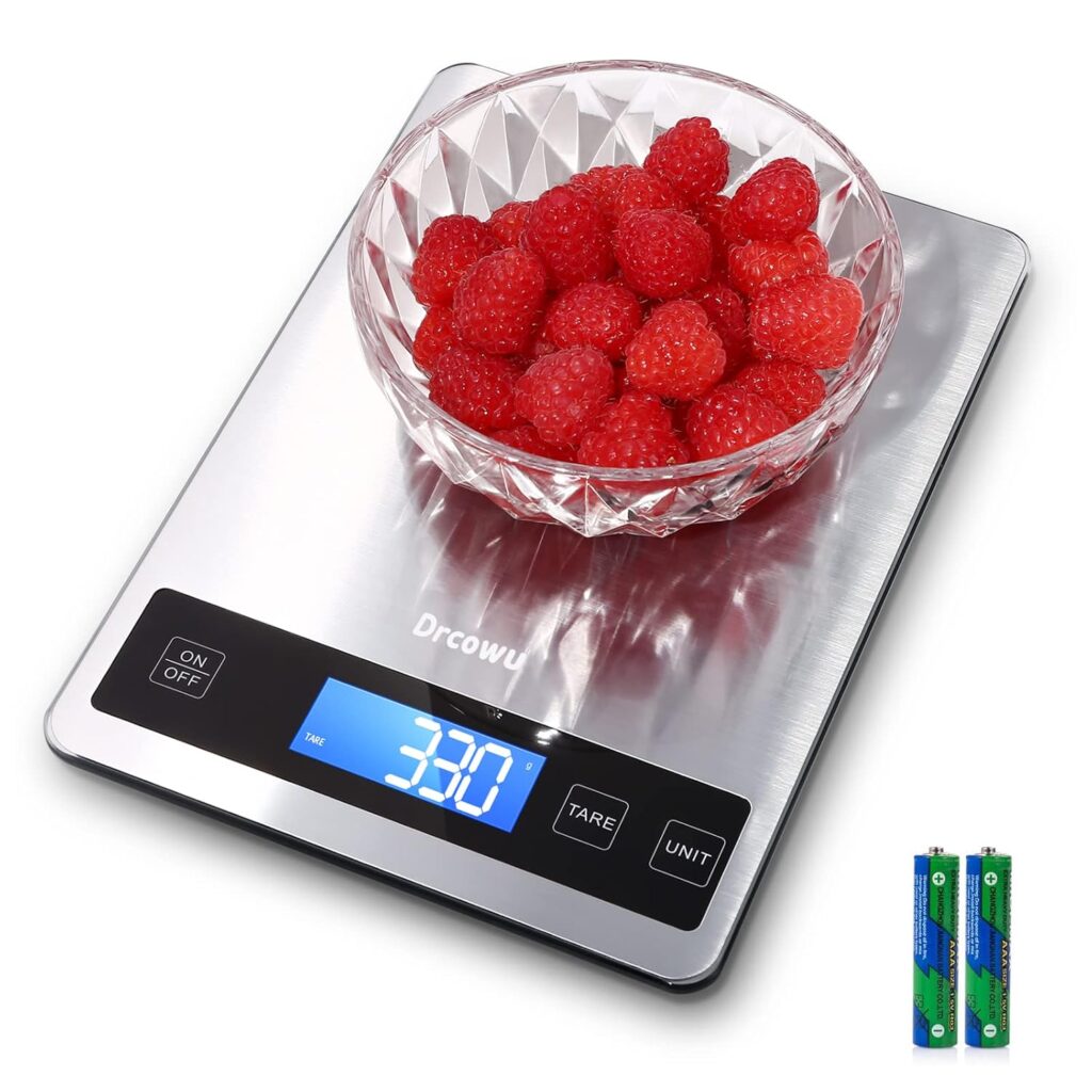 Drcowu Bascula Cocina Digital de 15 kg, Balanza Cocina de Acero Inoxidable Multifuncional, Bascula Comida con Función de Tara, Peso de Cocina Precisión de 1...