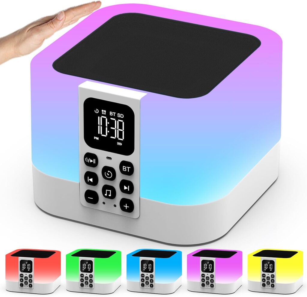 AUYLE Altavoz Bluetooth con Luz Nocturna y Despertador Digital,Maquina Ruido Blanco Bebe & Adultos,Lamparas de Mesita de Noche con Control Táctil, Originales para Mujer y Hombre en Navidad