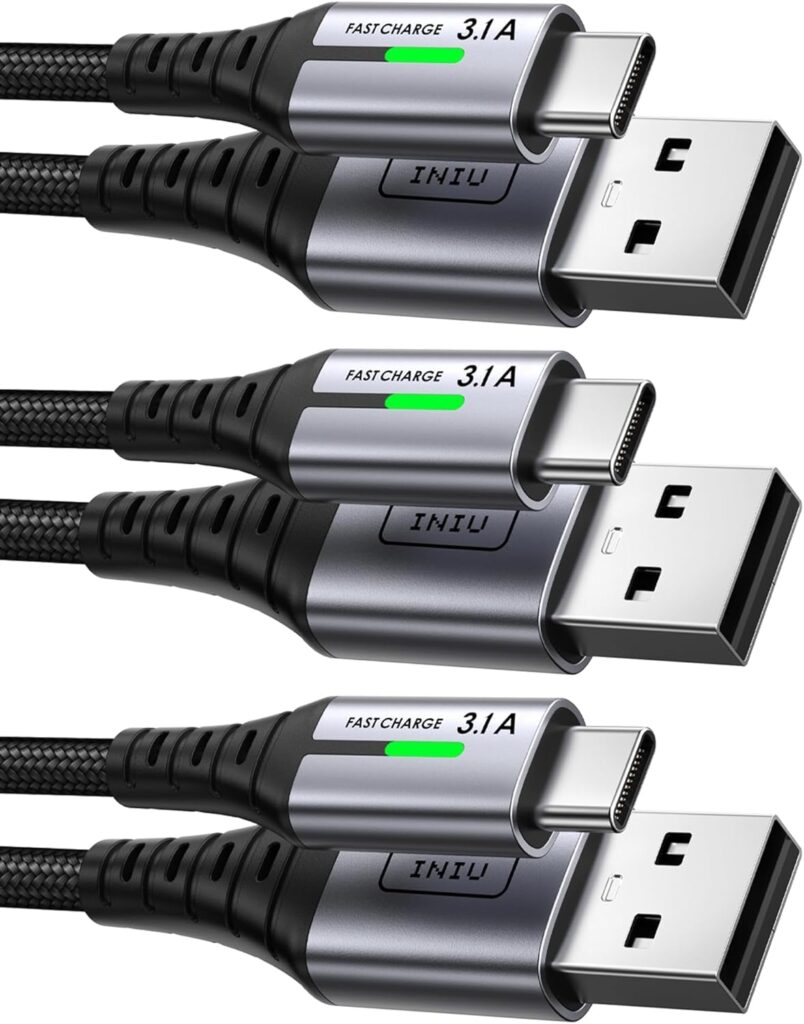 INIU Cable USB C, [3 Pack 3.1A] Cable Trenzado Nilón de Carga Rápida QC3.0 Cable USB Tipo C, [2m+2m+0,5m] Cable Sincronización de Datos para iPhone 17 16 Samsung S25 Google 10 Switch 2, Xiaomi Redmi