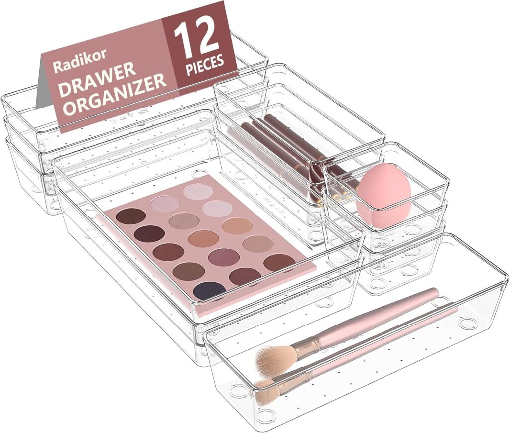 12 Piezas Organizadores de Cajones de Plástico Transparente, Separadores de Cajones de Escritorio de 4 Tamaños, Bandejas de Almacenaje para Maquillaje, Baño, Oficina, Cocina