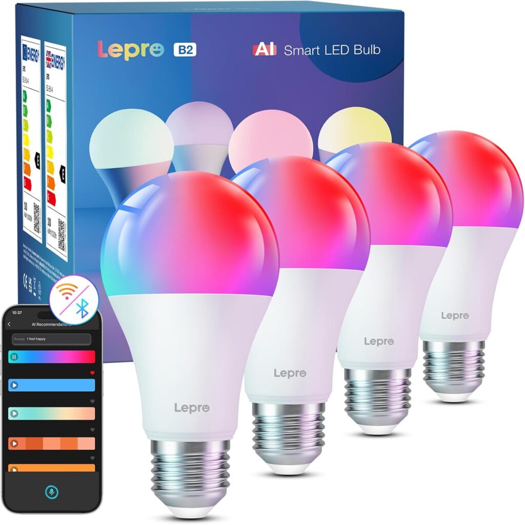 Lepro B2 AI Bombilla LED Inteligente, E27 Bombilla WiFi 10W 1100LM Regulable RGB Diseñador de Iluminación AI Personalizado, Compatible con Alexa y Google Home, Control por Voz, Sync de Música, 4Pcs [Clase de eficiencia energética F]