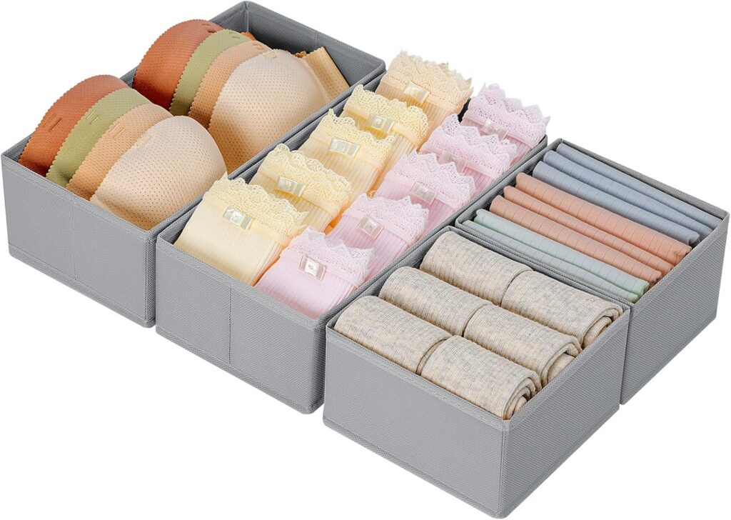 DIMJ Organizador Cajones Juego de 4 Cajas Almacenaje Plegables de Tela Para Guardar Ropa, Organizadores de Cajones No Tejidos, Calcetines, Ropa Interior, Clásico Gris