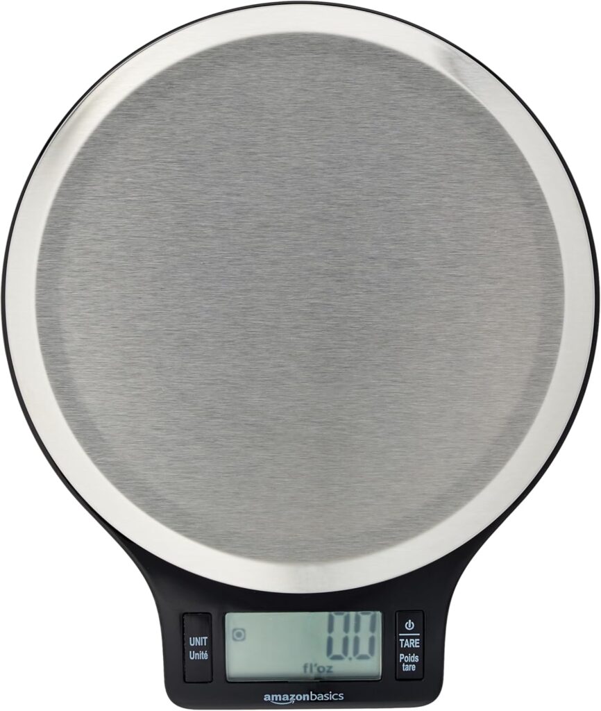 Amazon Basics Báscula de Cocina Digital con Pantalla LCD, sin bisfenol A (BPA), de Acero Inoxidable (Pilas Incluidas), Pesa hasta 11 Libras, Negro