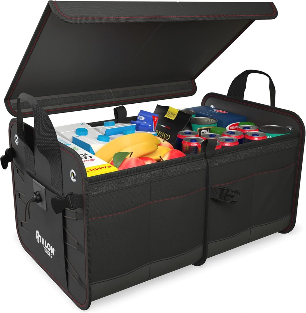 ATHLON TOOLS Bolsa de maletero prémium con tapa, XXL de 60 litros organizador de maletero, base extraestable e impermeable con cierre de tiras antideslizante