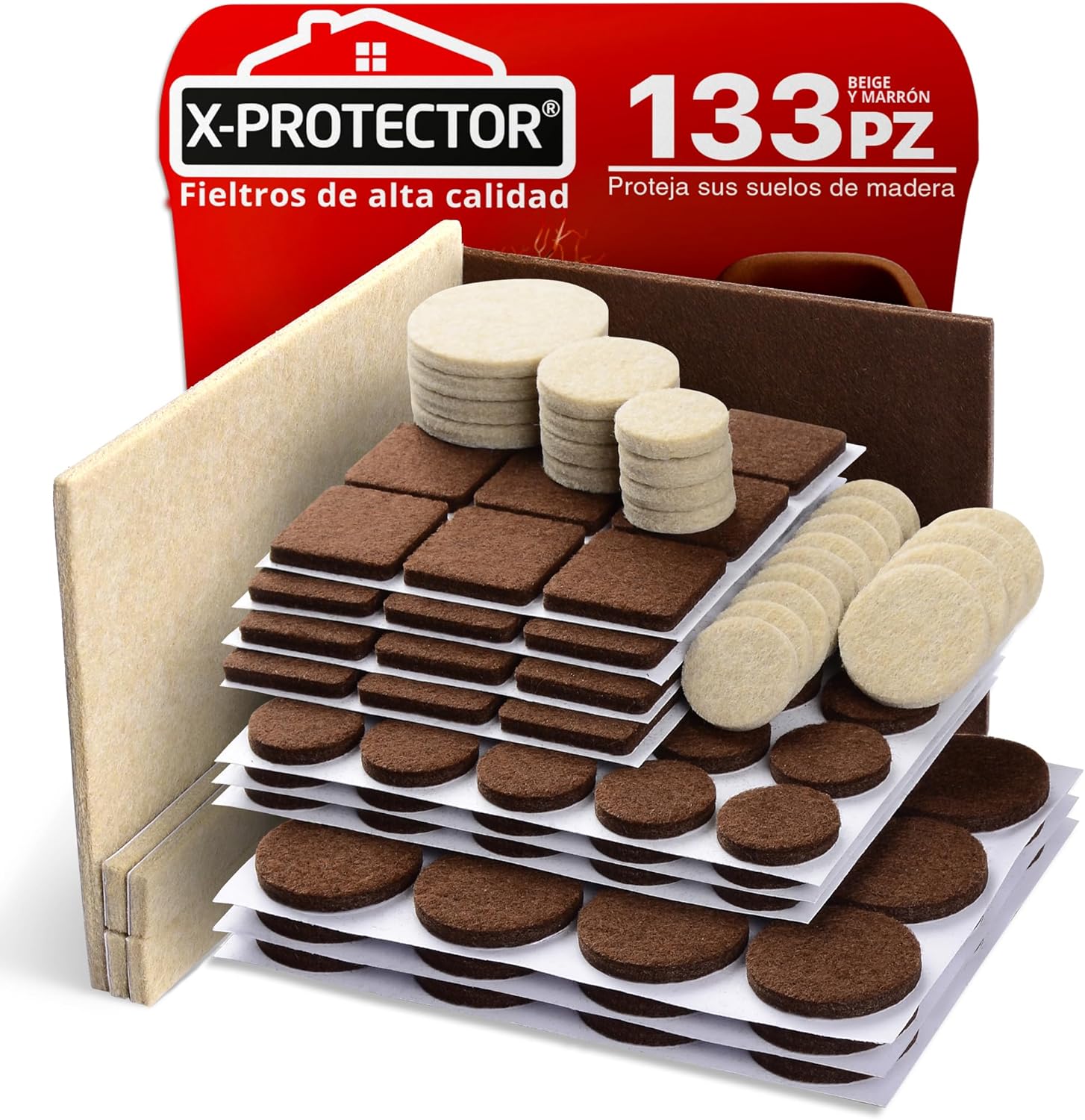 Almohadillas de Fieltro para Muebles X-Protector 133 Piezas, Beige y Marron - Fieltro Adhesivo, Fieltros para Sillas - Mejores Protectores de Suelo de Madera - Protectores de Suelo para Muebles