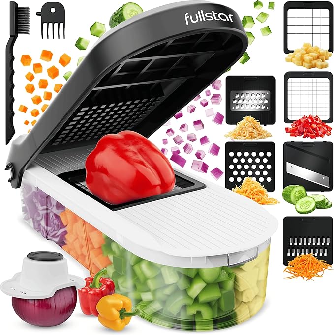 Fullstar Multifuncional Cortador de Verdura Mandolina de Cocina Profesional - Manual Picador de Verduras Patatas Cebolla - Rallador Verduras y Queso - Gadgets Cocina (Compacto 6-en-1 Blanco)