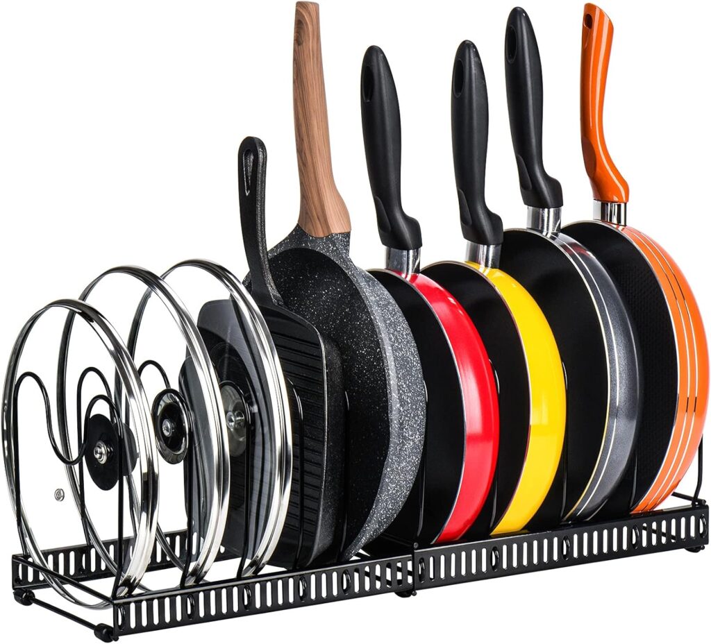 Toplife Organizador de Sartenes y Ollas,Soporte Sartenes de Tamaño Ajustable,Estante de Sartenes con 10 Compartimientos para Almacenar Tapas de Ollas,Platos