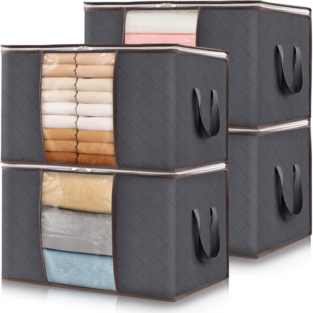 Lifewit 4 Piezas Cajas Almacenaje Ropa, Bolsa almacenamiento ropa, Organizador Armario Plegable, Cajas Mudanza, Bolsas con Asa Reforzada para Guardar Ropa, Mantas, Edredones, Gris