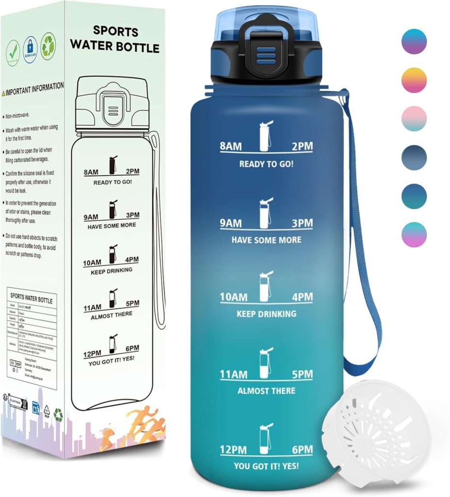 Motswedi Botella Agua, 1500ML Libre de BPA, Cantimplora Plastico, Diseño de Cerradura a Prueba de Fugas, Botella de Agua Gimnasio, Con Marca de Tiempo, Para